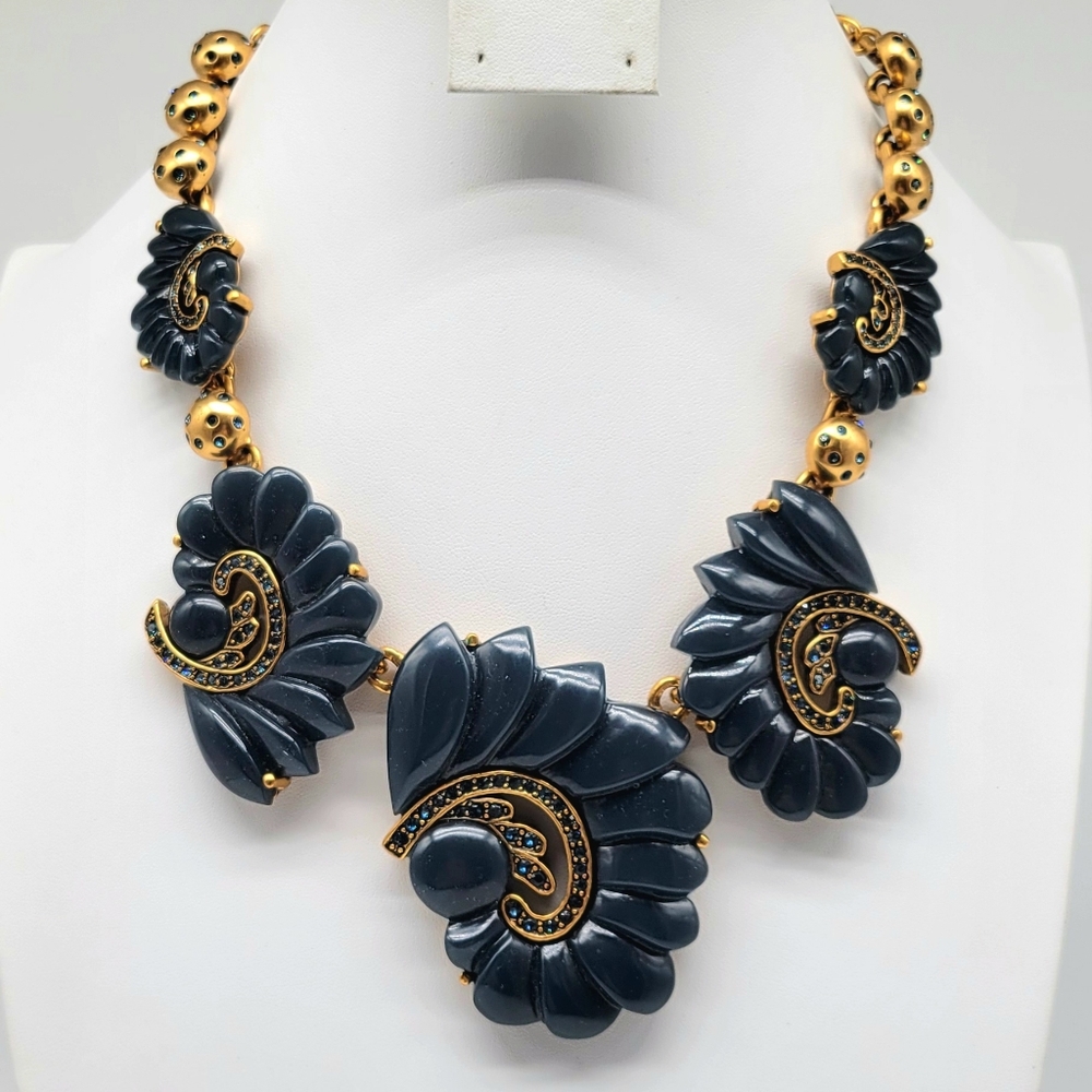 Oscar de la Renta Swarovski Crystal and Teal Resin Paisley Statement Necklace